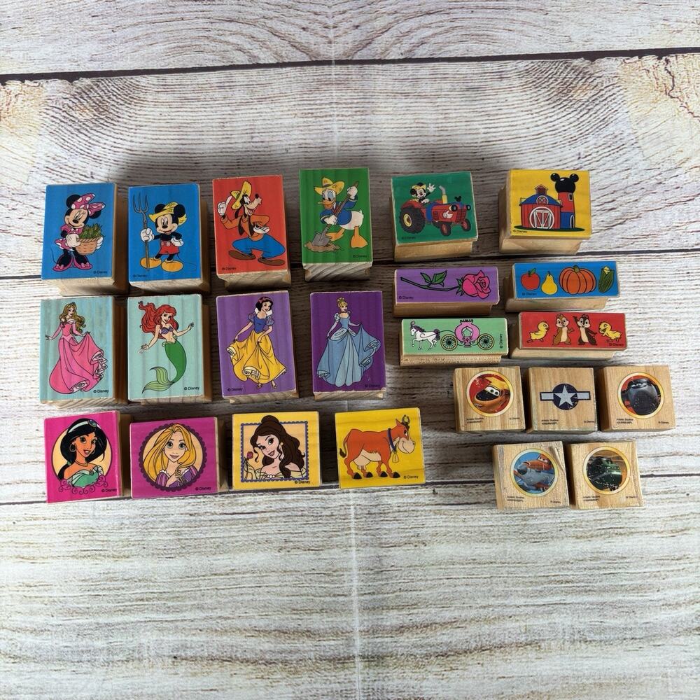 Disney Wooden Rubber Stamp Lot of 23 Mickey Mouse Princess Ariel Planes Craft